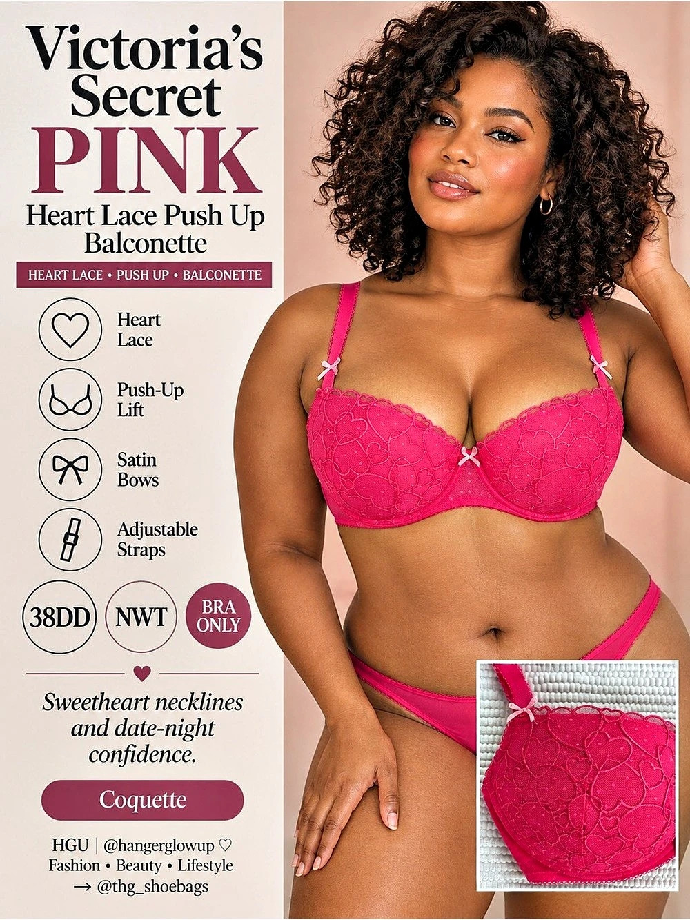 PINK Victoria’s Secret Wink Heart Push-Up Balconette Bra Pink 38DD NWT